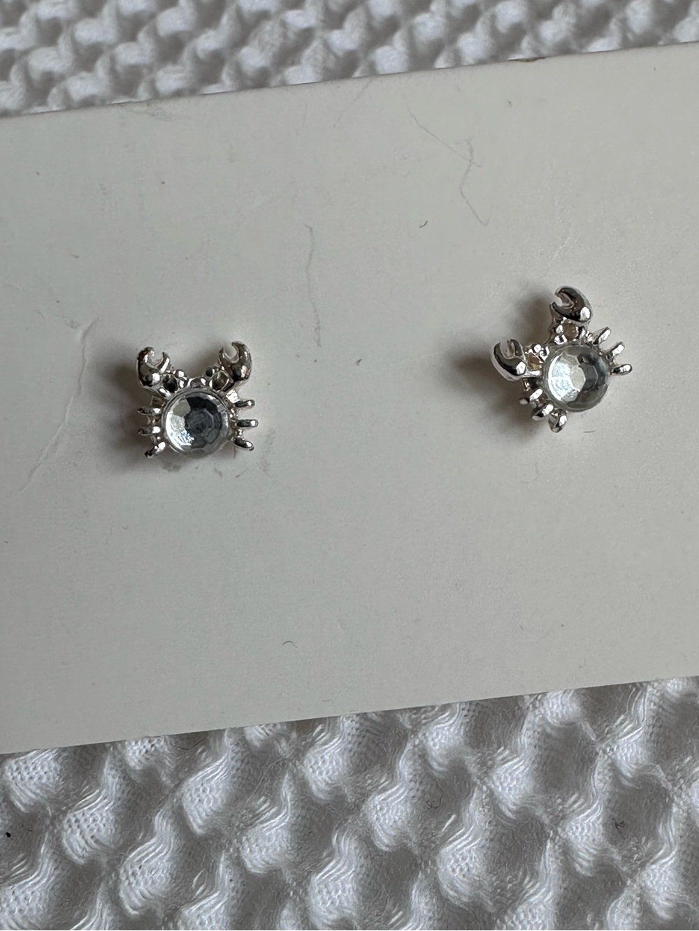 Silver Crab Stud Earrings with Clear Gem